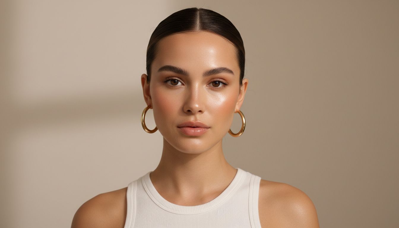 Clean Girl aesthetic style guide featuring white tones, gold hoop earrings, and dewy, healthy-looking skin vibes