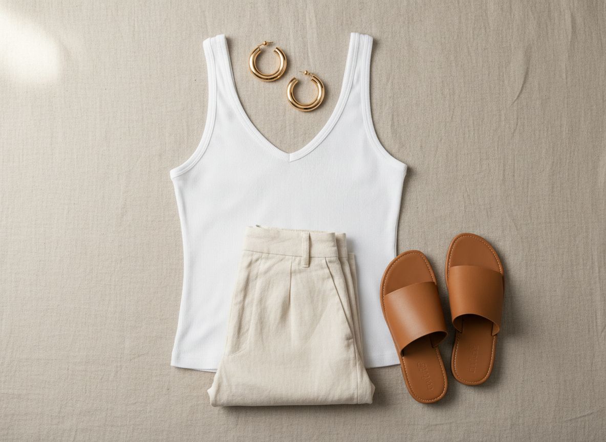 Clean Girl aesthetic outfit: Coffee Run featuring White ribbed tank and Wide-leg linen pants
