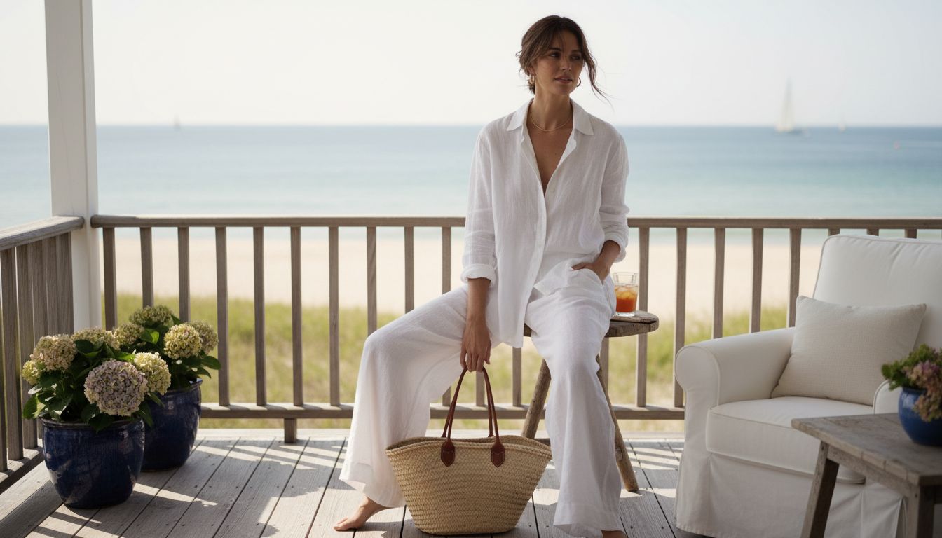 Coastal Grandmother aesthetic style guide featuring soft white tones, linen button-down shirt, and natural, breathable fabrics (linen, cotton) vibes