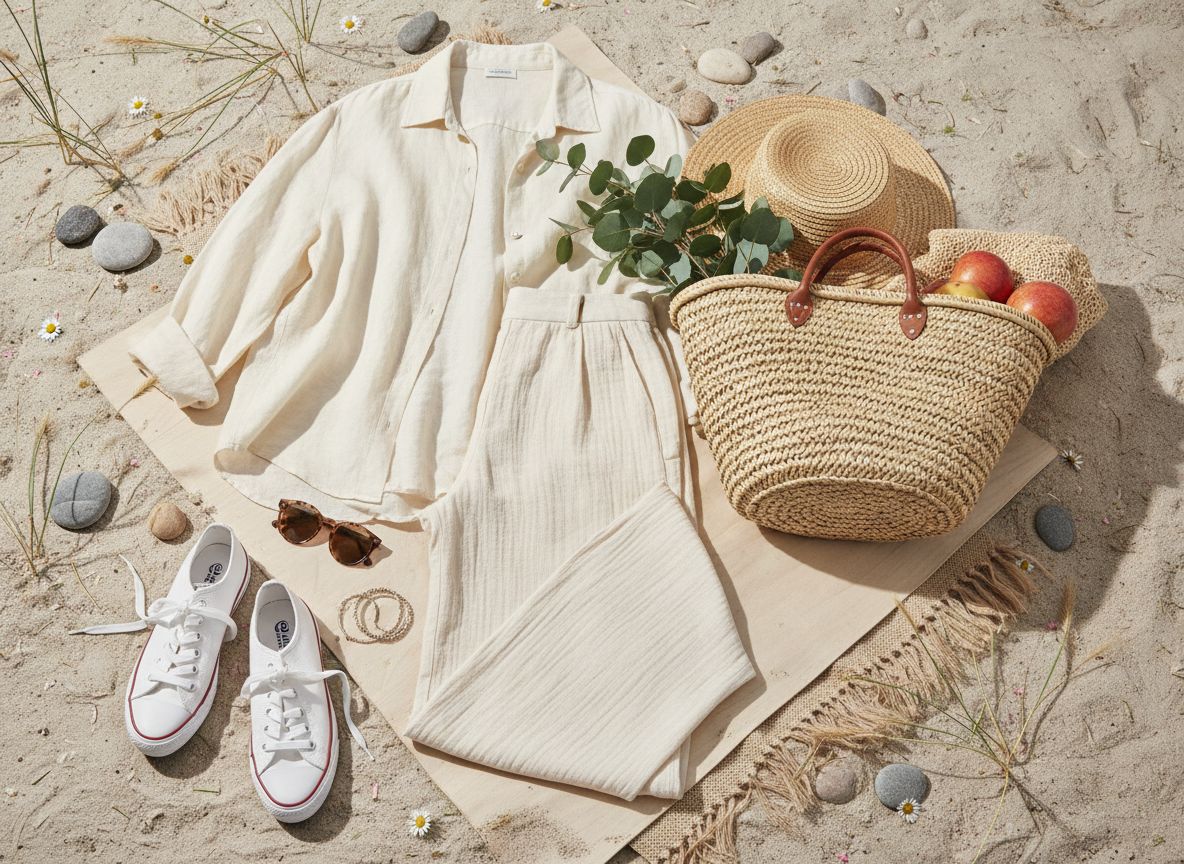 Coastal Grandmother aesthetic outfit: Farmers Market featuring Linen button-down and Wide-leg pants