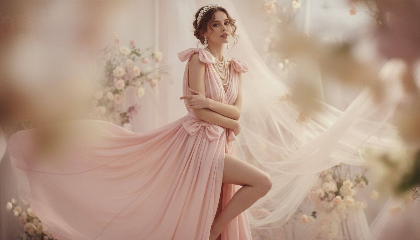 Coquette aesthetic style guide featuring blush pink tones, bow hair clips, and soft pink and white color palette vibes