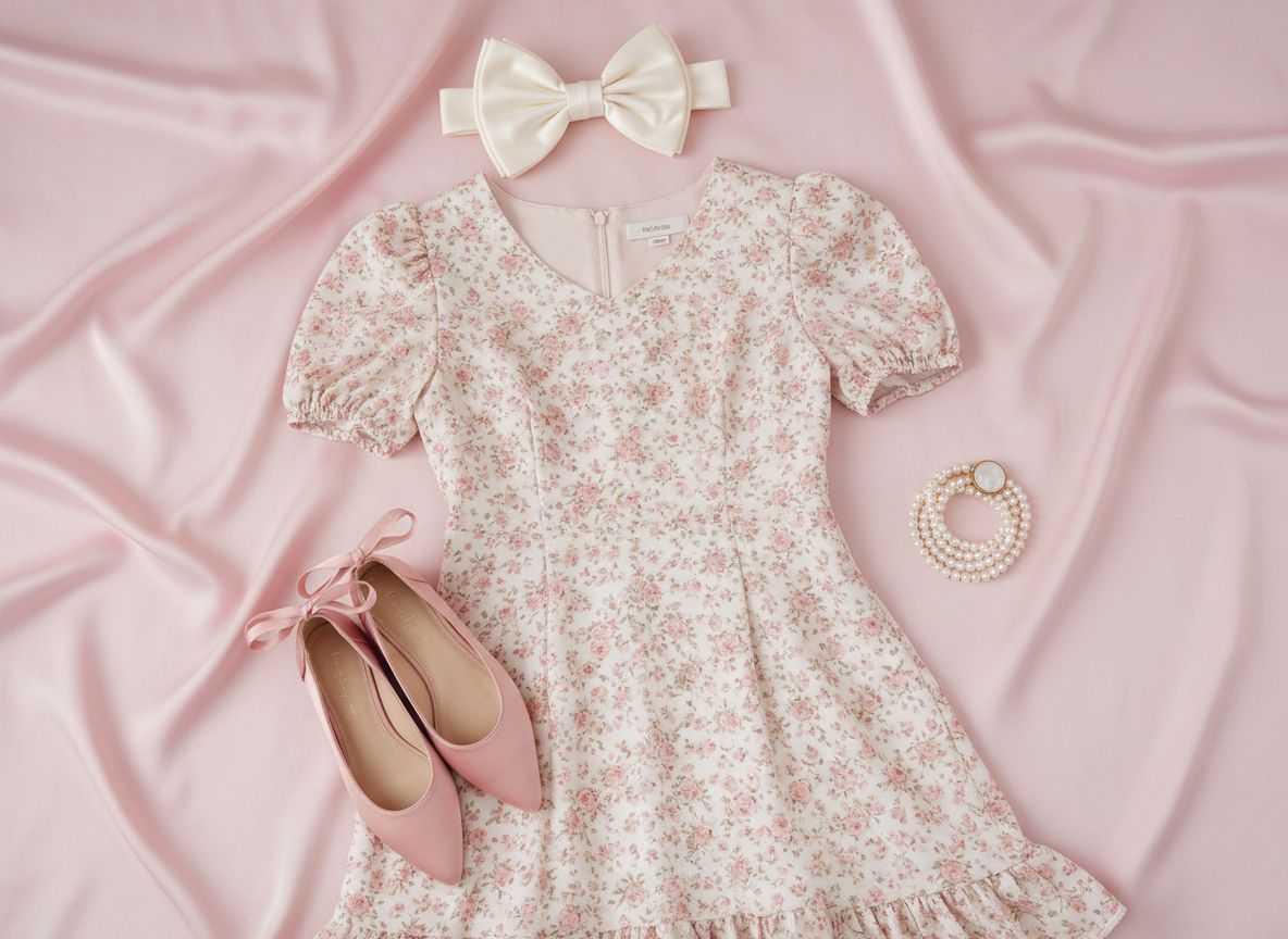 Coquette aesthetic outfit: Tea Party featuring Floral midi dress and Satin bow headband