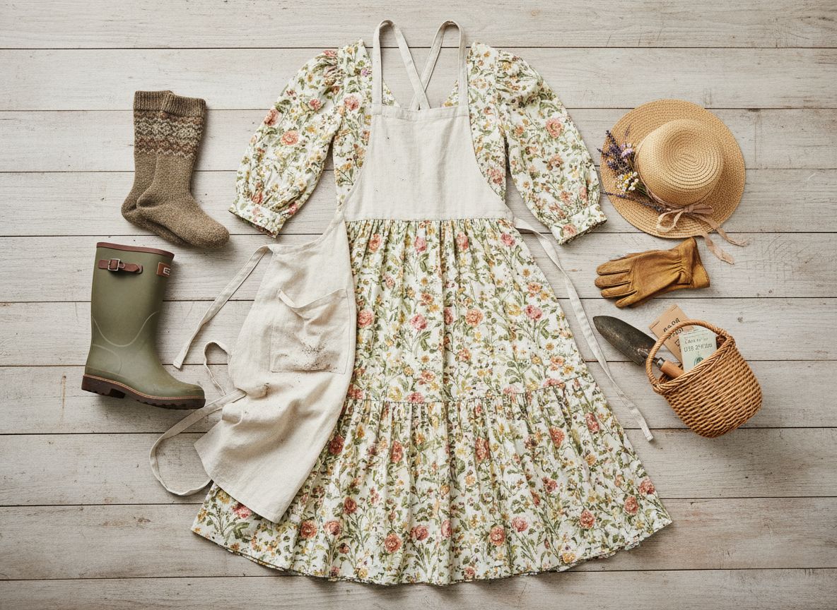 Cottagecore aesthetic outfit: Garden Day featuring Floral midi dress and Linen apron