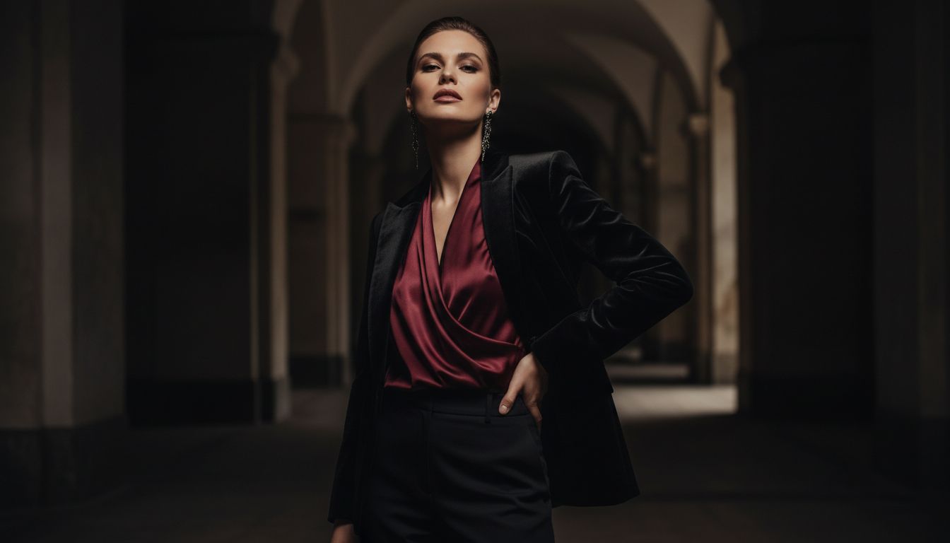 Dark Feminine aesthetic style guide featuring black tones, black lace bodysuit, and dark, moody color palette vibes