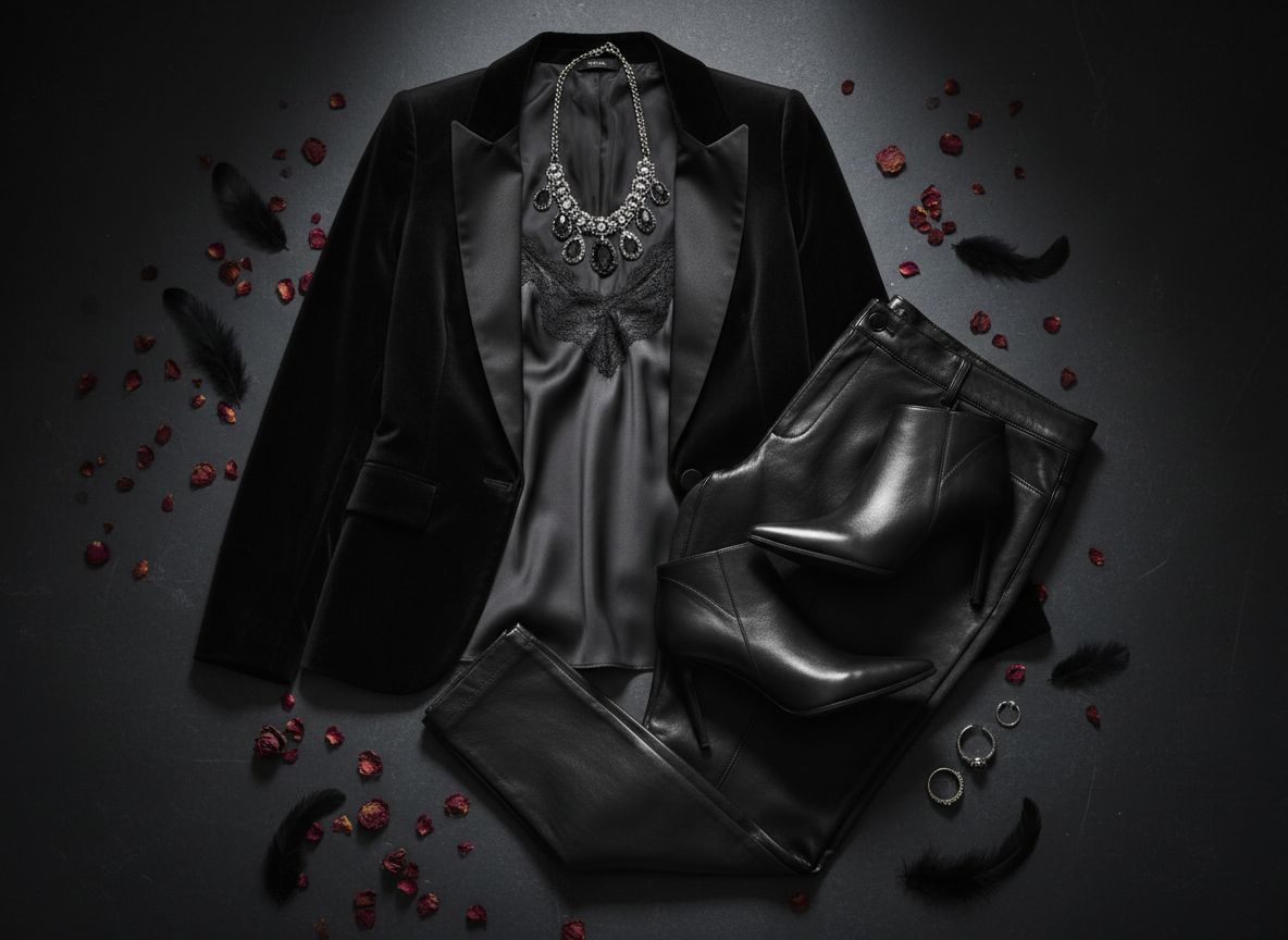 Dark Feminine aesthetic outfit: Evening Power featuring Black velvet blazer and Silk camisole