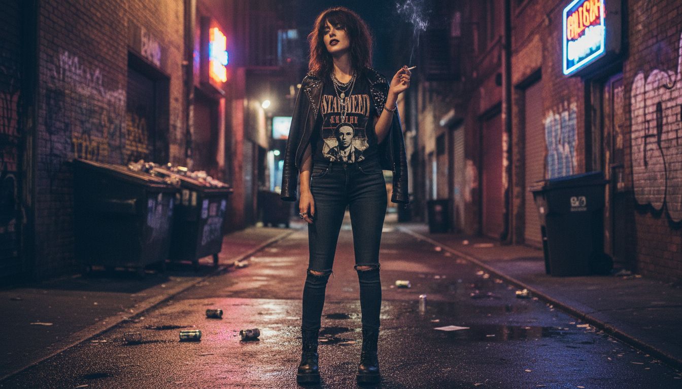 Indie Sleaze aesthetic style guide featuring black tones, vintage band tee, and deliberately disheveled styling vibes