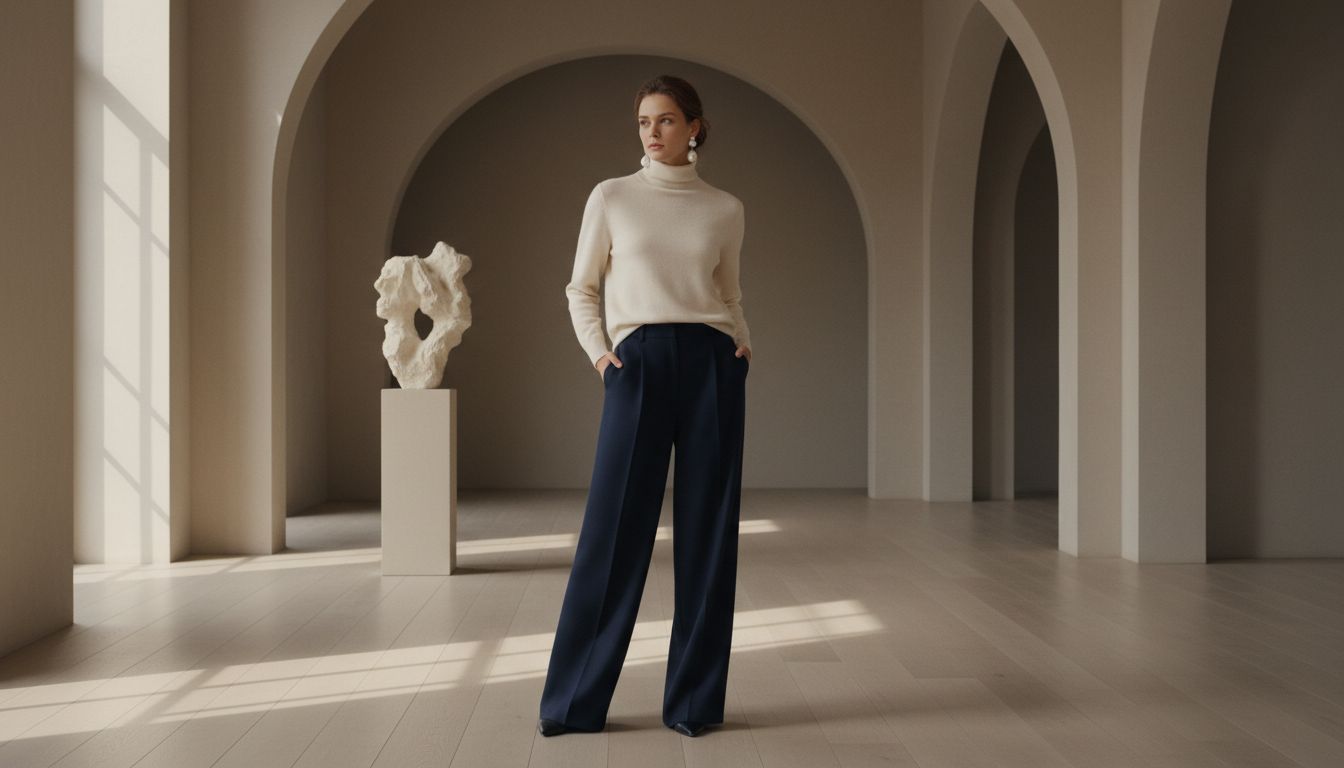 Old Money aesthetic style guide featuring navy tones, cashmere sweater, and understated luxury over logos vibes