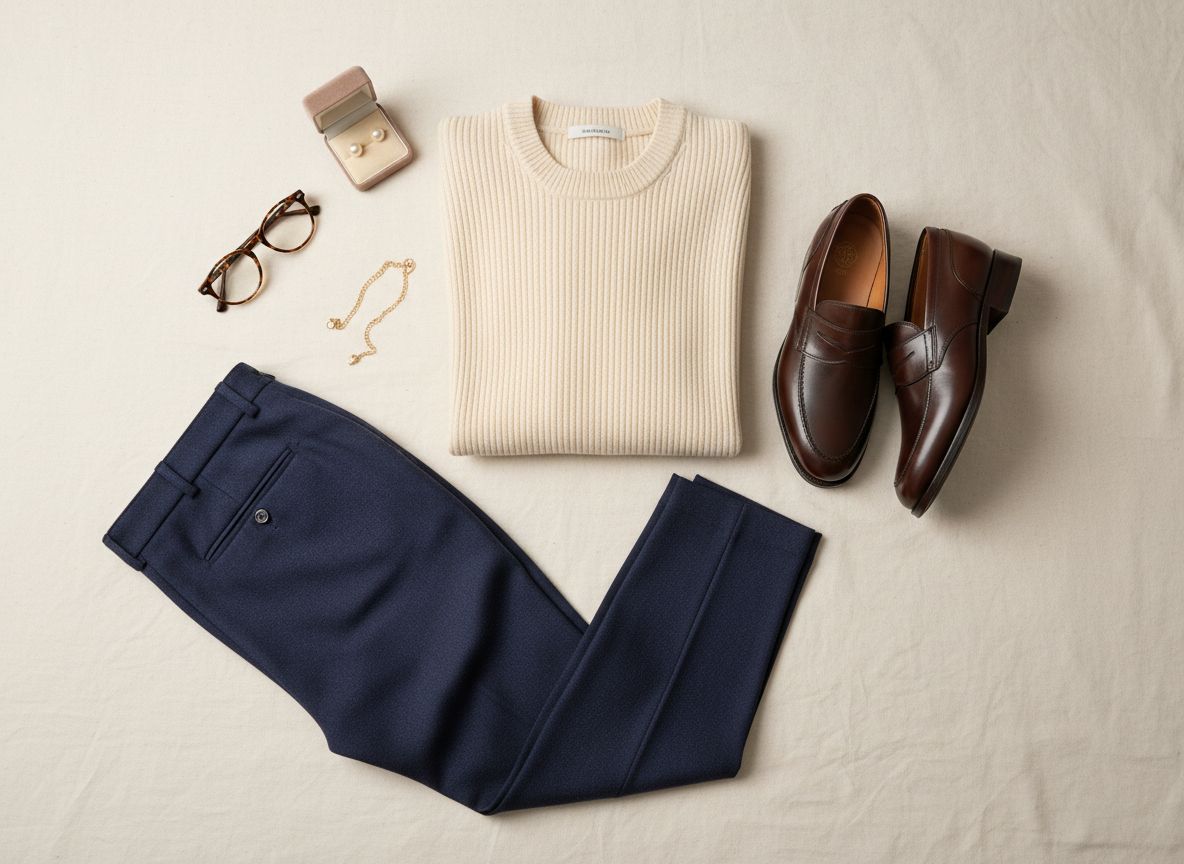 Old Money aesthetic outfit: Weekend Brunch featuring Cream cashmere sweater and Tailored navy trousers