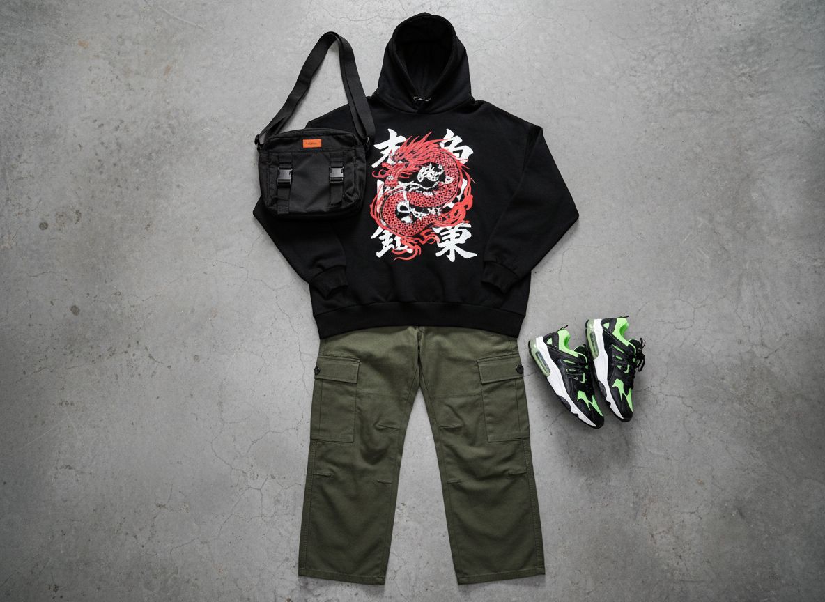 Streetwear aesthetic outfit: Hype Day featuring Graphic hoodie and Cargo pants