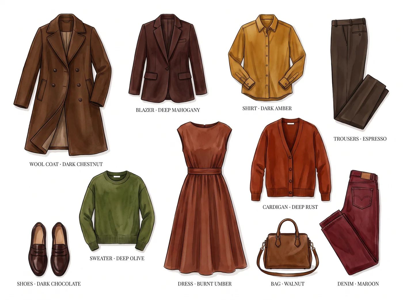 Deep Autumn 10-piece capsule wardrobe β illustrated flat lay