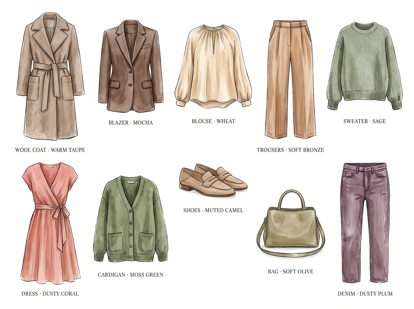 Soft Autumn 10-piece capsule wardrobe β illustrated flat lay