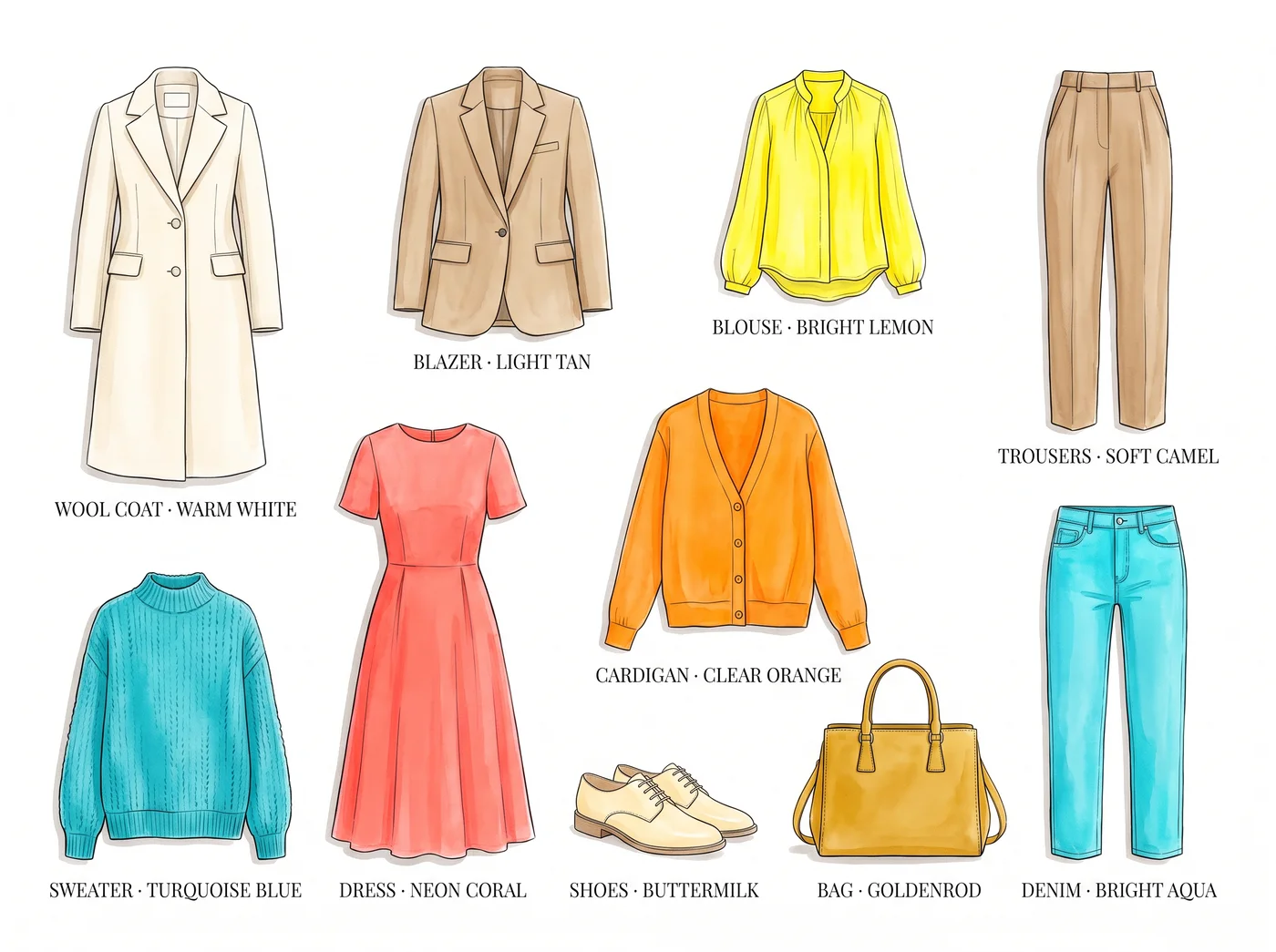 Bright Spring 10-piece capsule wardrobe β illustrated flat lay