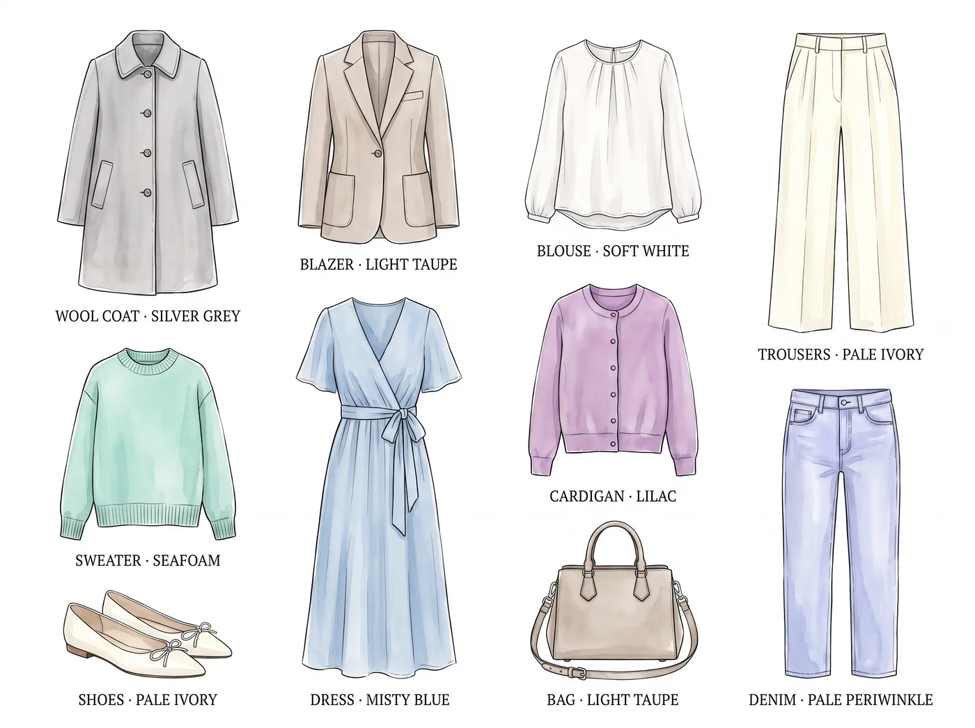 Light Summer 10-piece capsule wardrobe β illustrated flat lay