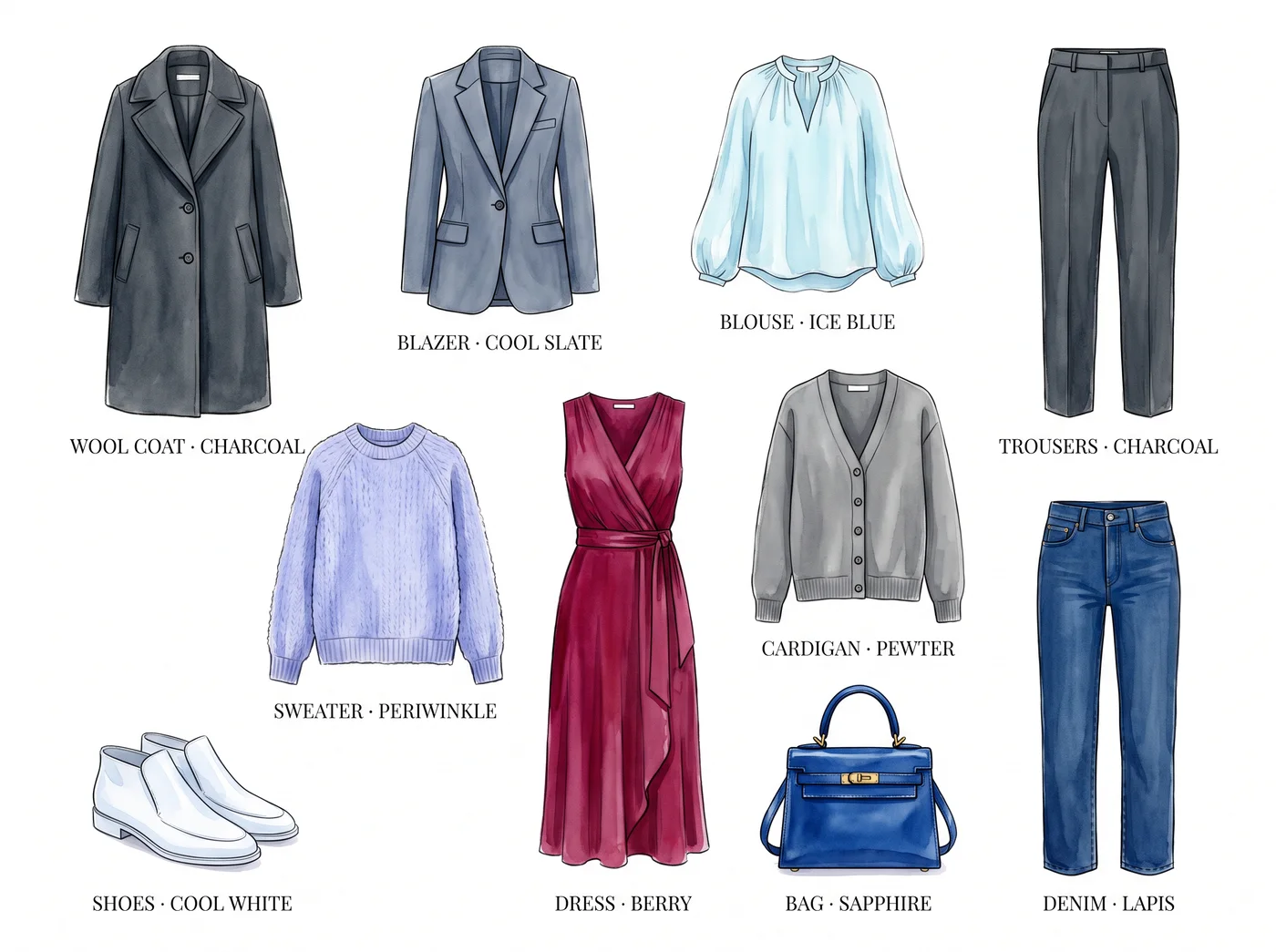 Cool Winter 10-piece capsule wardrobe — illustrated flat lay