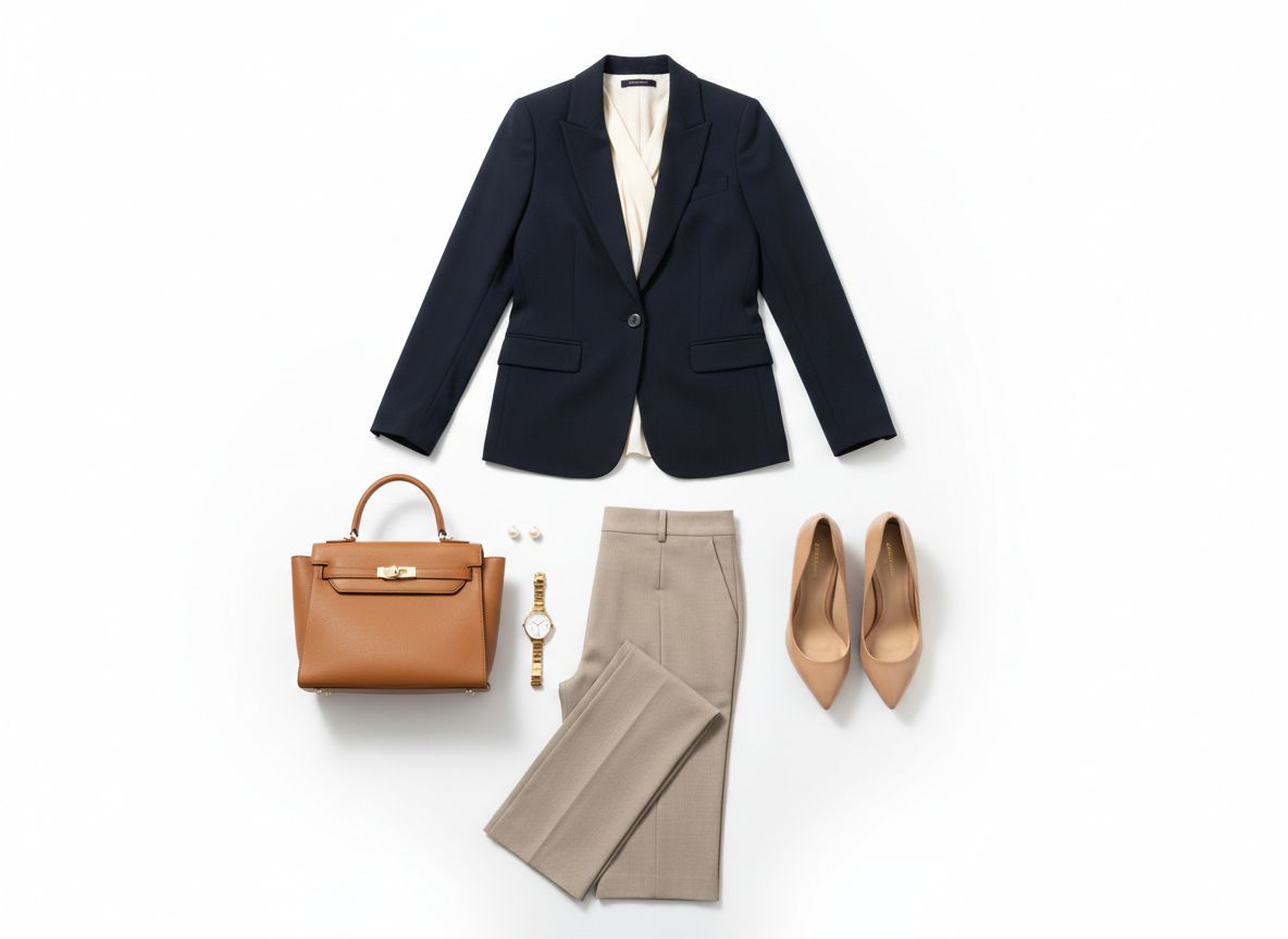 Classic essence Boardroom Elegance outfit featuring Tailored navy blazer and Silk cream blouse