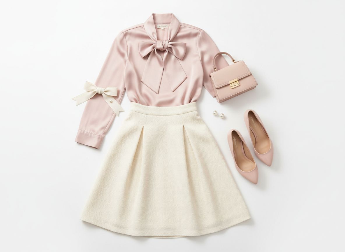 Ingenue essence Sweet Professional outfit featuring Bow-neck blouse in soft pink and A-line midi skirt