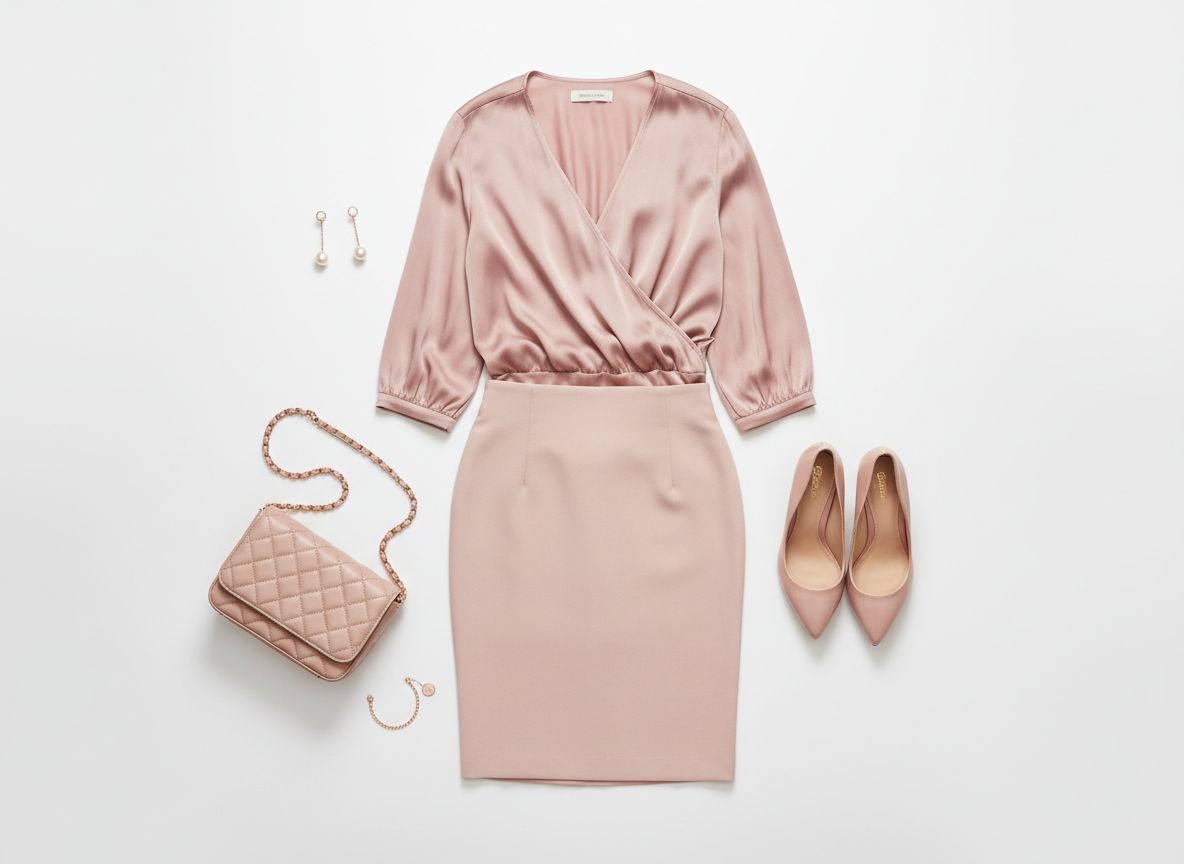 Romantic essence Soft Power outfit featuring Wrap blouse in soft pink and Fitted pencil skirt